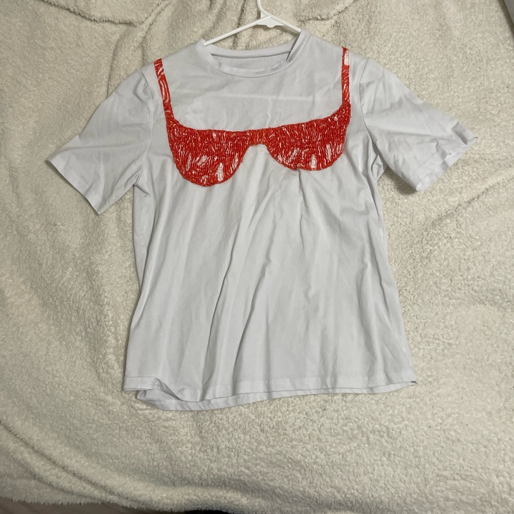 Bikini embroidered White T-Shirt with Red Graphic Design